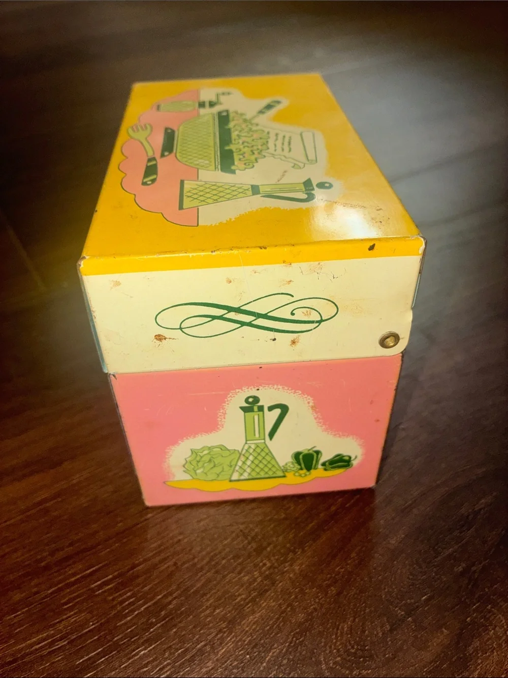 Vintage Recipes Tin Box Recipe Box Yellow Pink 50’s Retro VTG METAL OHIO ART USA